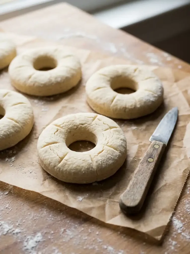 Scoring old fashioned donuts before frying to create classic craggy cracks