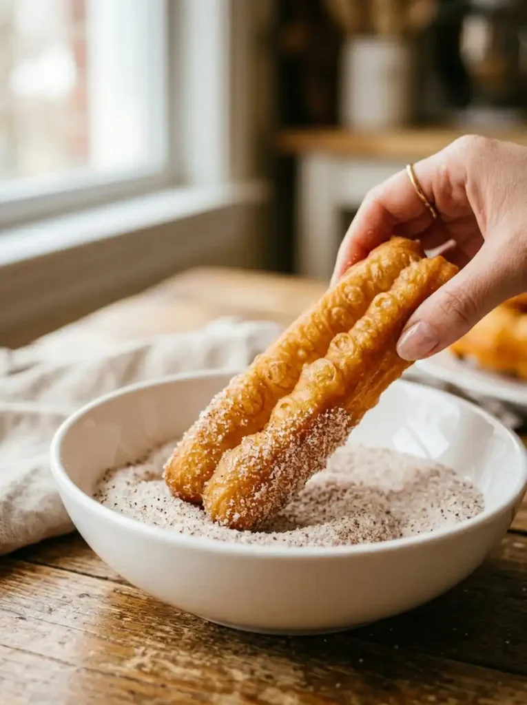 Coating warm Chinese donuts in granulated sugar and nutmeg mixture