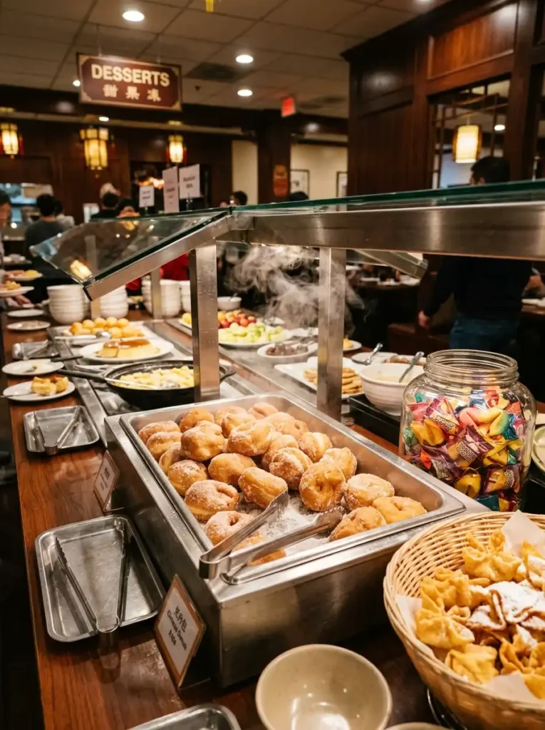 Chinese donuts on a buffet dessert table at an American Chinese restaurant