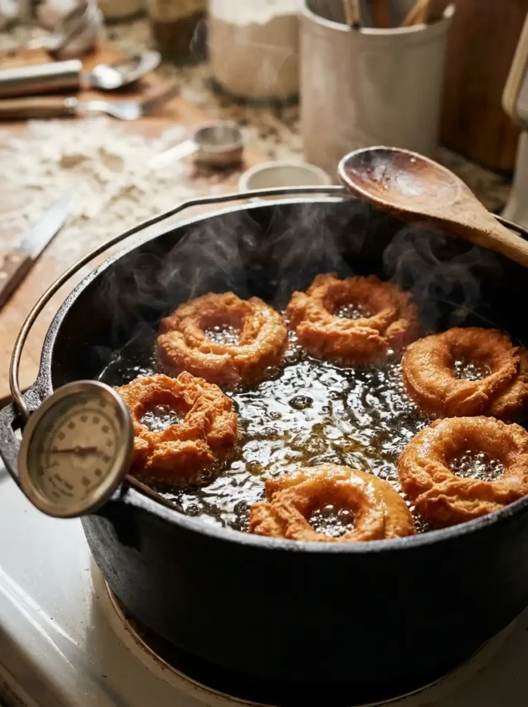 Old fashioned donuts frying in oil at the right temperature until golden and craggy