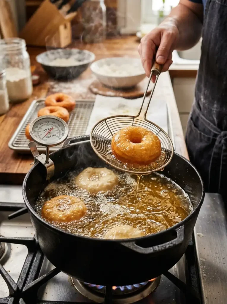 Frying Chinese donuts in oil at 375°F until golden brown