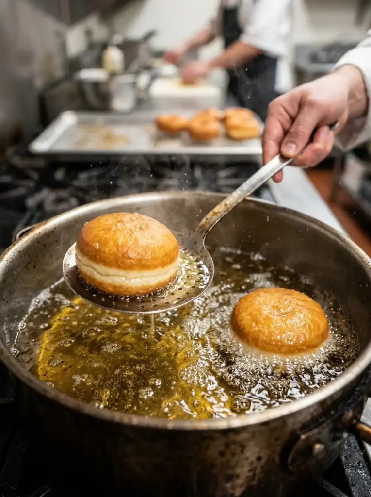 Frying a traditional Bavarian donut in a pot of hot vegetable oil, showing the signature white proofing ring