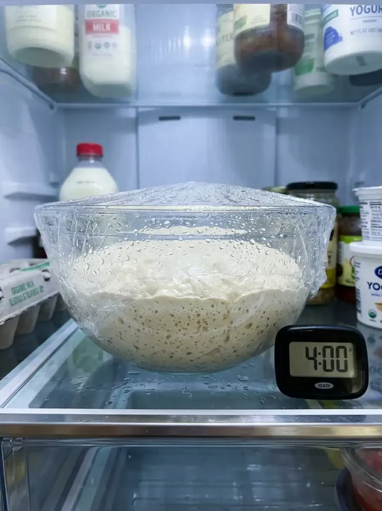 Chinese donut dough covered with plastic wrap and chilled in the refrigerator for 4 hours