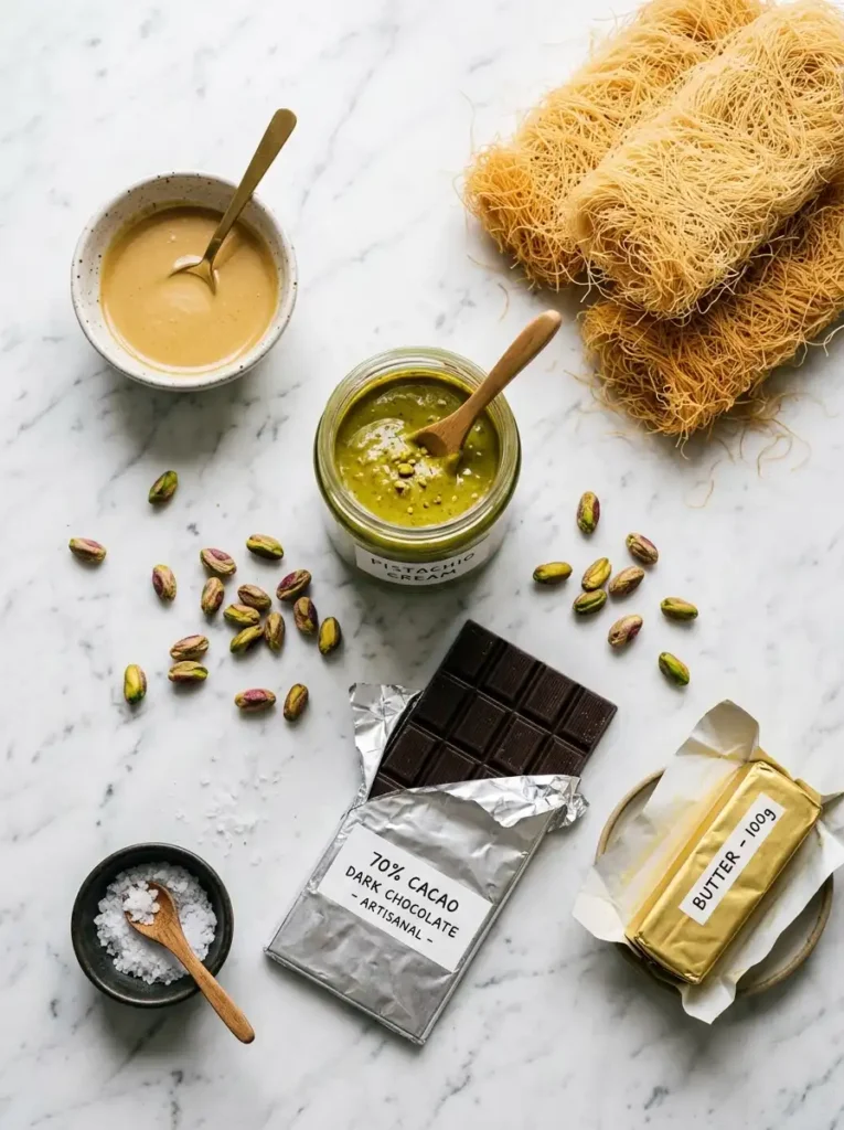 Dubai chocolate kataifi recipe ingredients flat lay with pistachio cream, kataifi pastry, dark chocolate, tahini, and butter