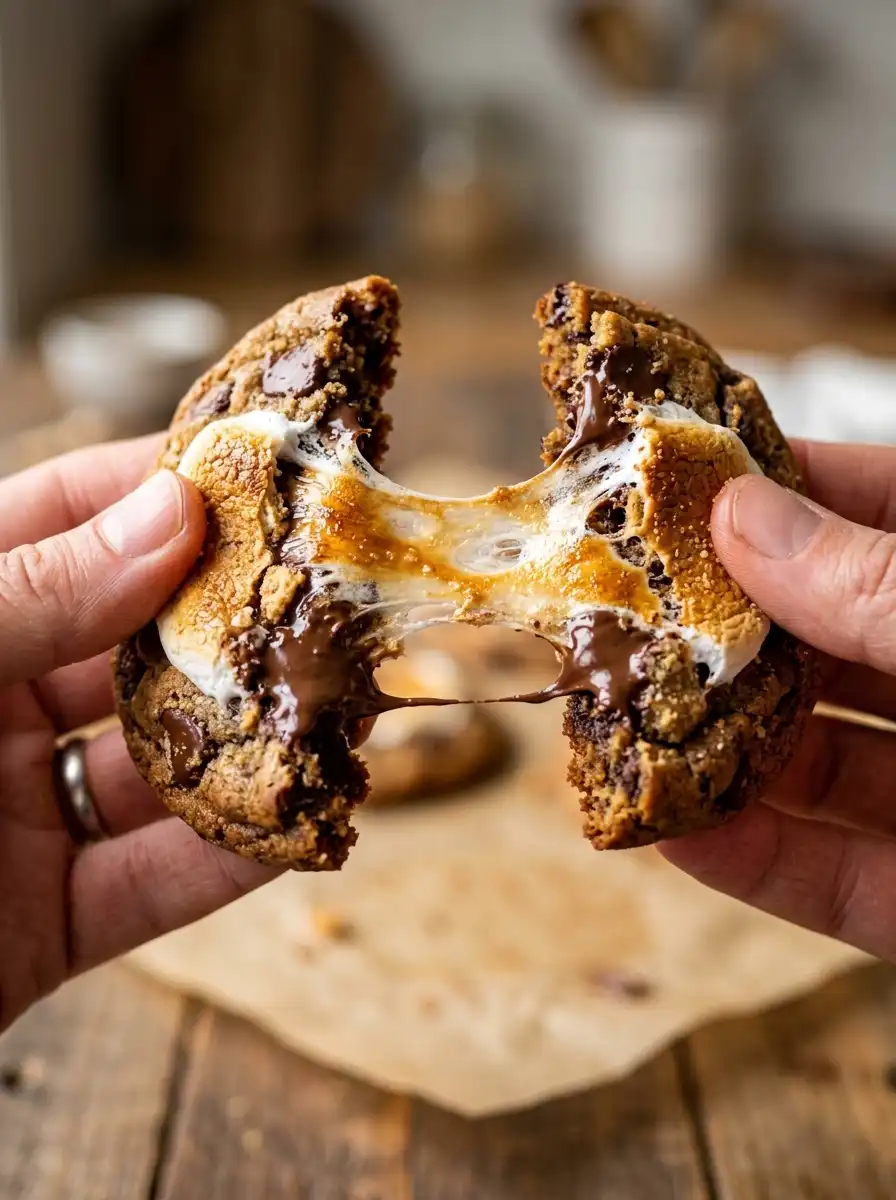 Gooey s'mores stuffed cookies pulled apart showing melted chocolate and warm toasted marshmallow center