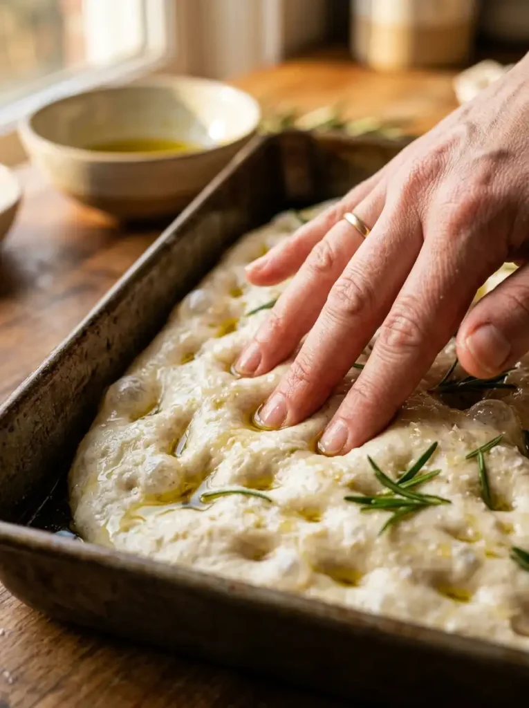 "Fingertips dimpling sourdough focaccia dough into an olive oil coated pan before baking"