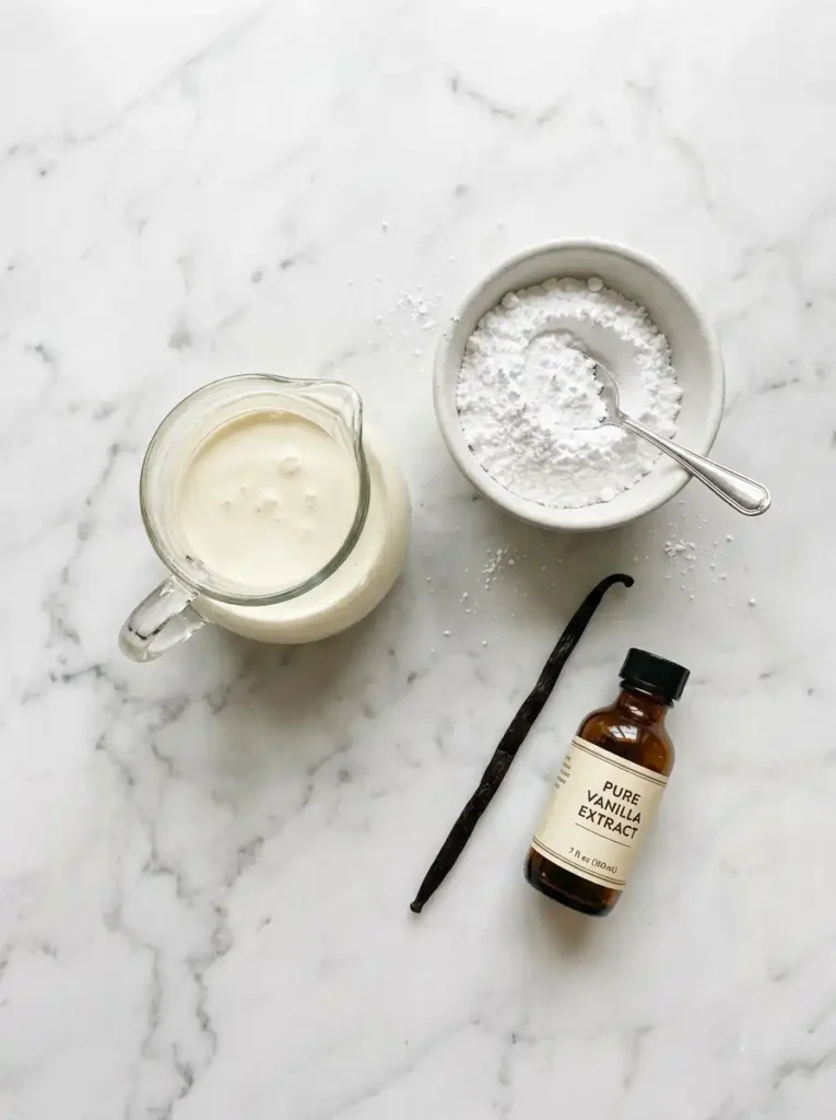 Ingredients needed to make authentic French creme chantilly: heavy whipping cream, powdered sugar, and vanilla bean.
