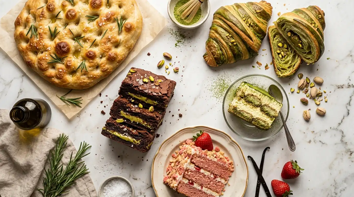Viral baking trends 2026 collage with sourdough focaccia, pistachio croissant, Dubai chocolate brownies, and matcha desserts