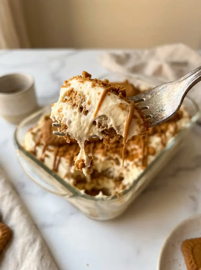Fork lifting a creamy bite of biscoff tiramisu showing soft mascarpone and Lotus cookie texture