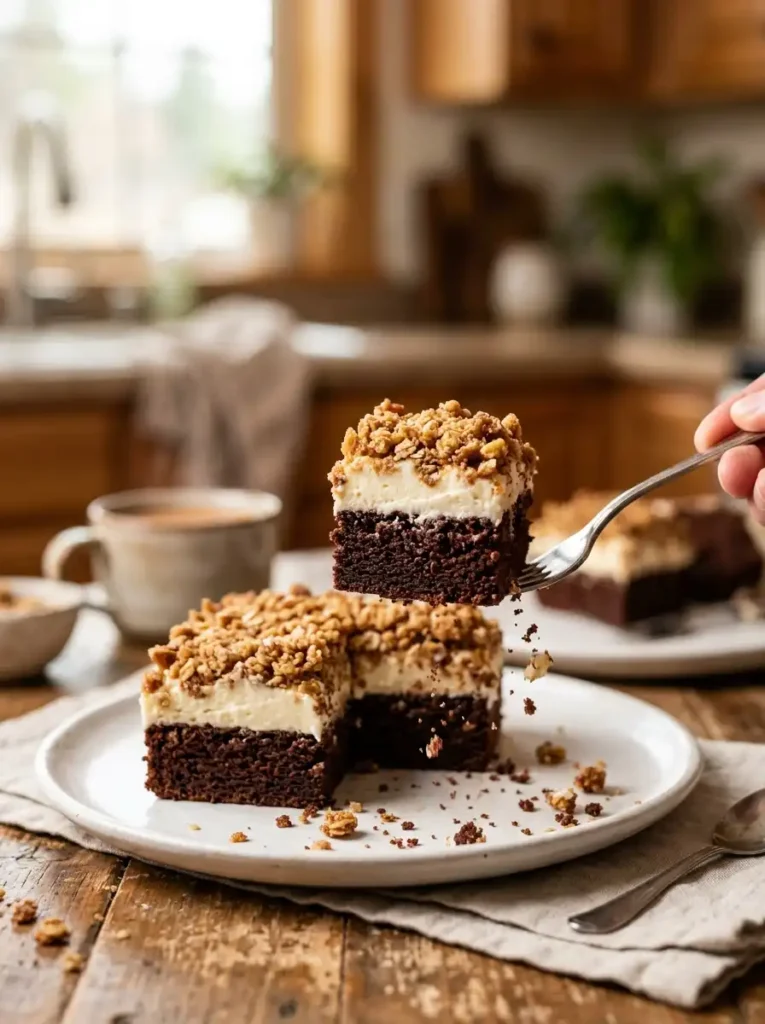 "Fork lifting slice of lazy cat cake recipe showing distinct chocolate base, white frosting, and golden cereal crust"