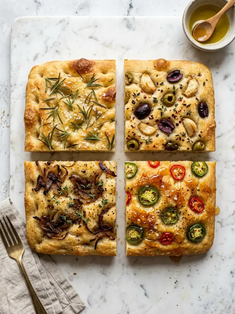 "Four sourdough focaccia topping variations: rosemary, Mediterranean, onion, and spicy"