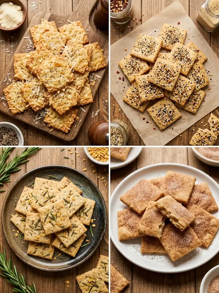 Four sourdough discard cracker variations: cheesy parmesan, everything bagel, rosemary garlic, cinnamon sugar