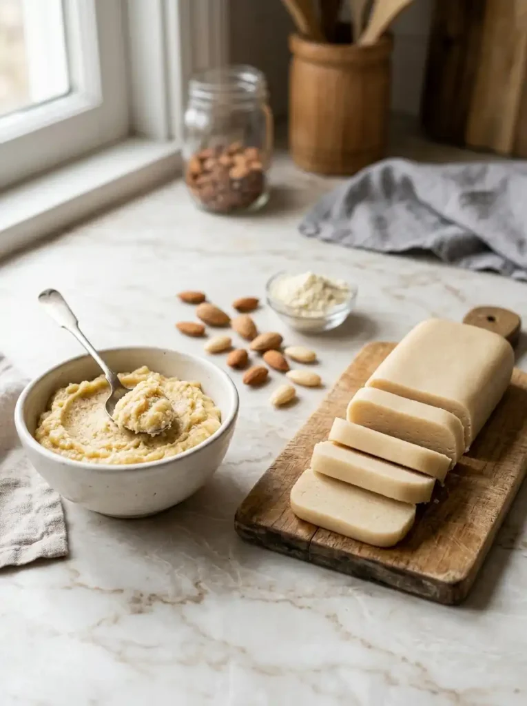 Frangipane vs marzipan showing soft almond cream and firm almond paste