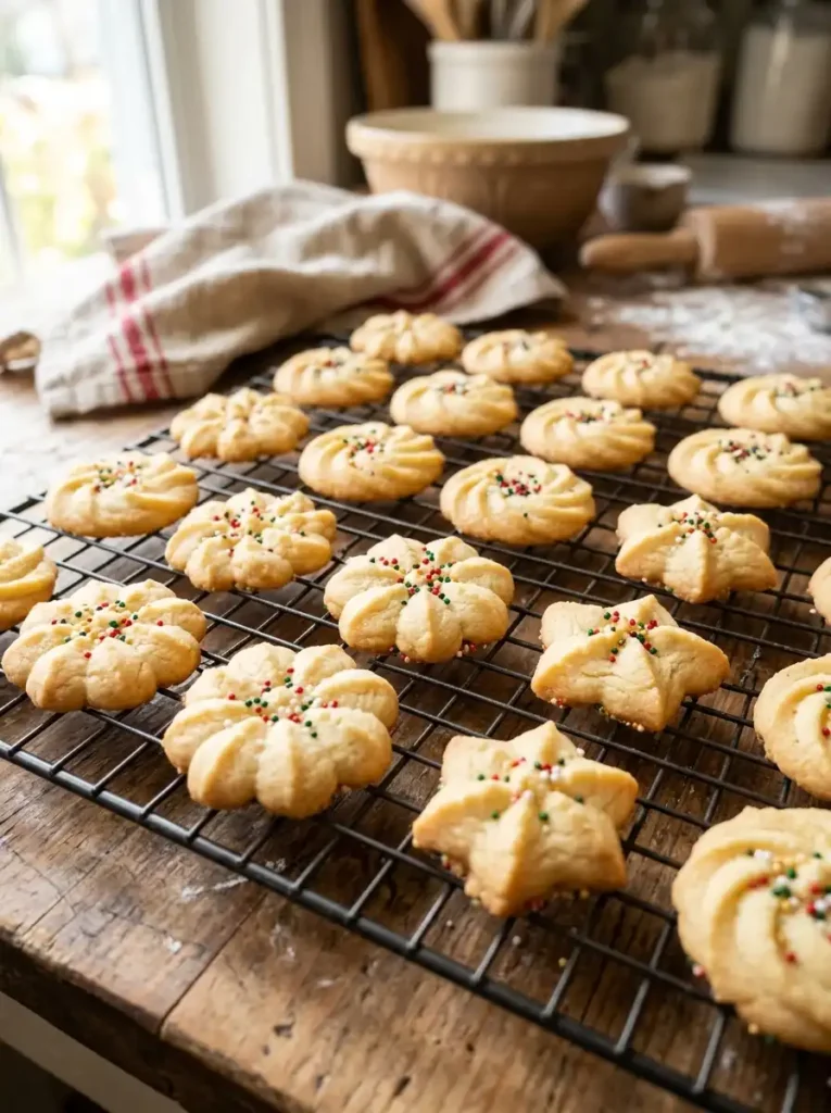Baked pressed cookies holding their shape after using a spritz cookie recipe