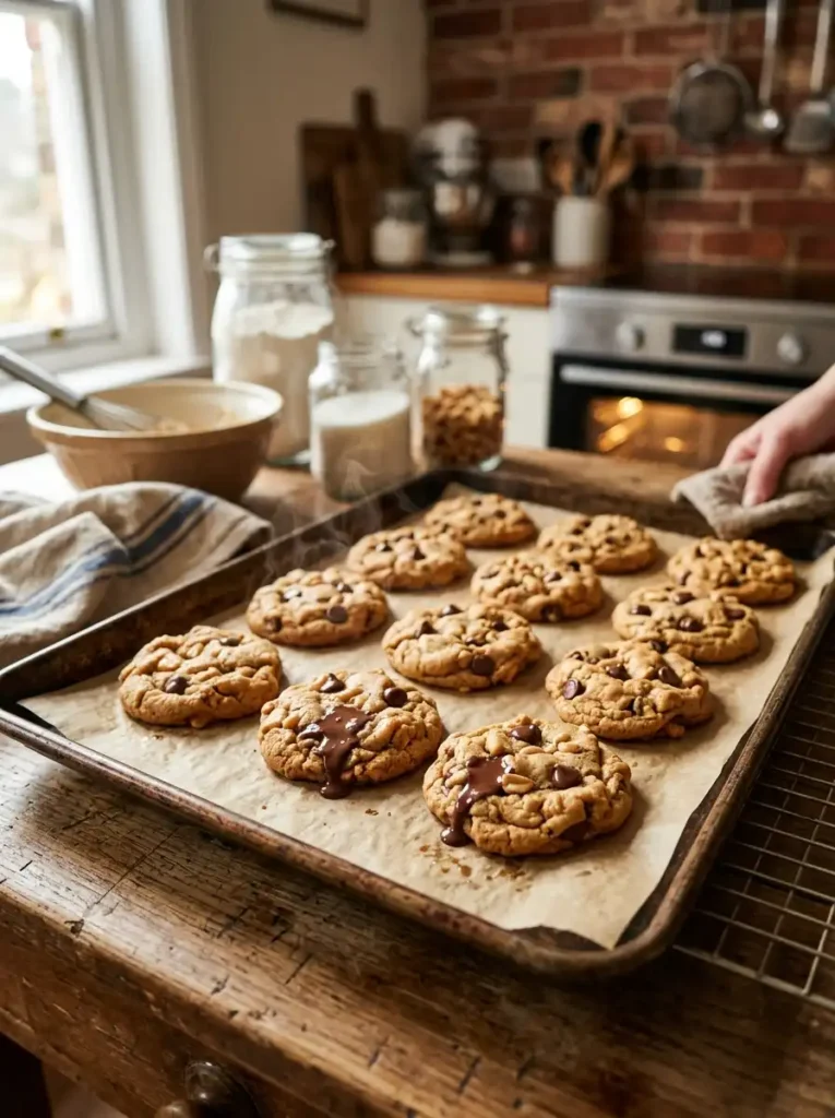 Freshly baked peanut butter cookies with chocolate chips on a baking sheet with parchment paper