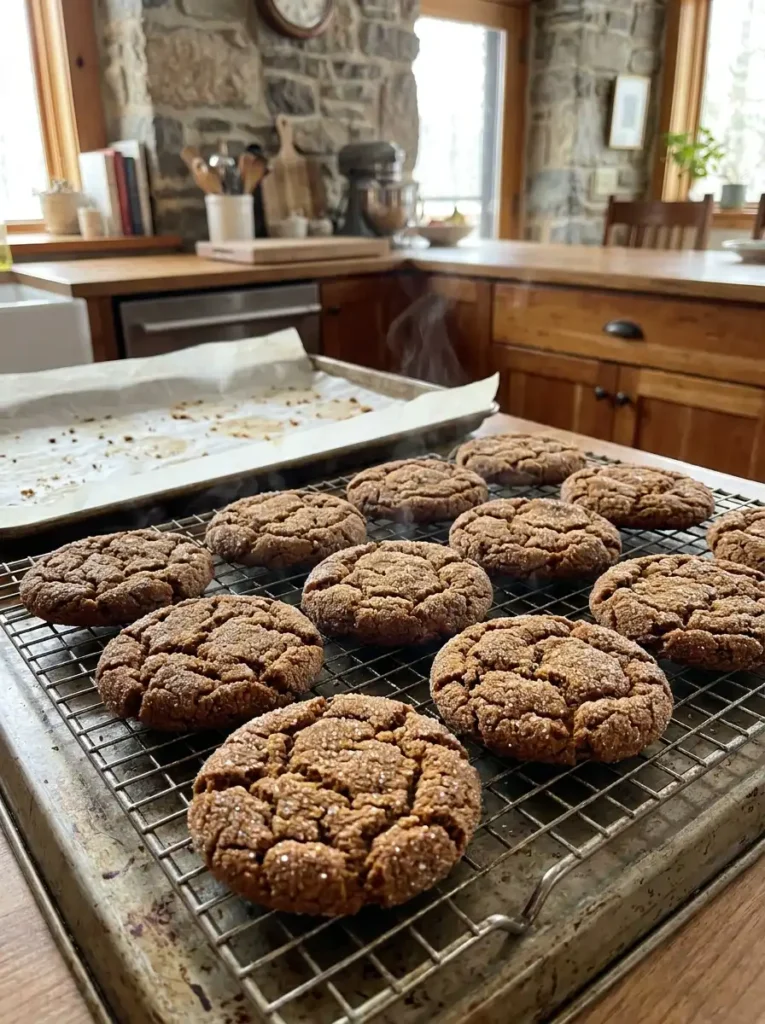 Freshly baked crispy ginger snaps cooling on a wire rack