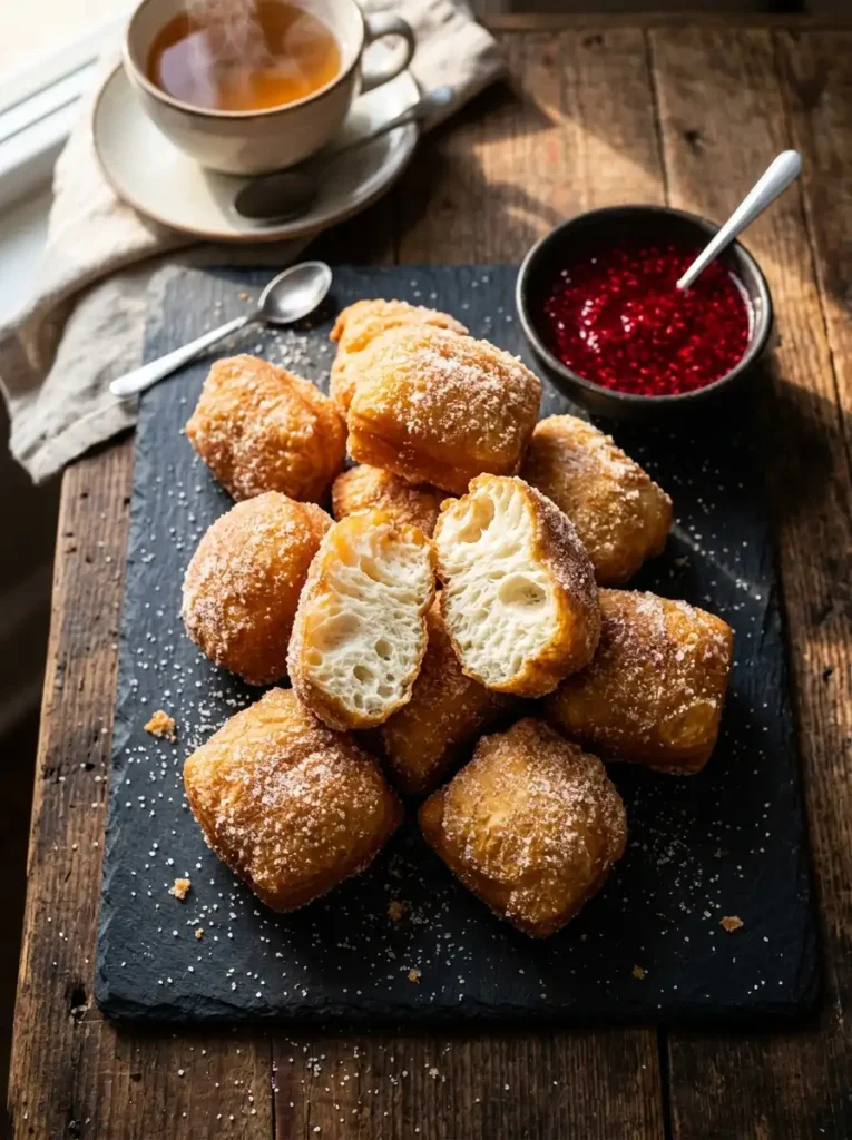 Homemade Chinese donuts — golden sugar-coated fried dough balls with fluffy interior served with raspberry sauce