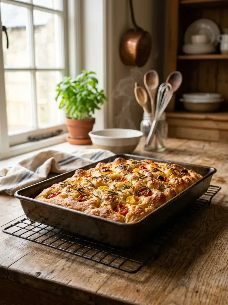 "Crispy golden sourdough focaccia fresh from the oven cooling on a wire rack"