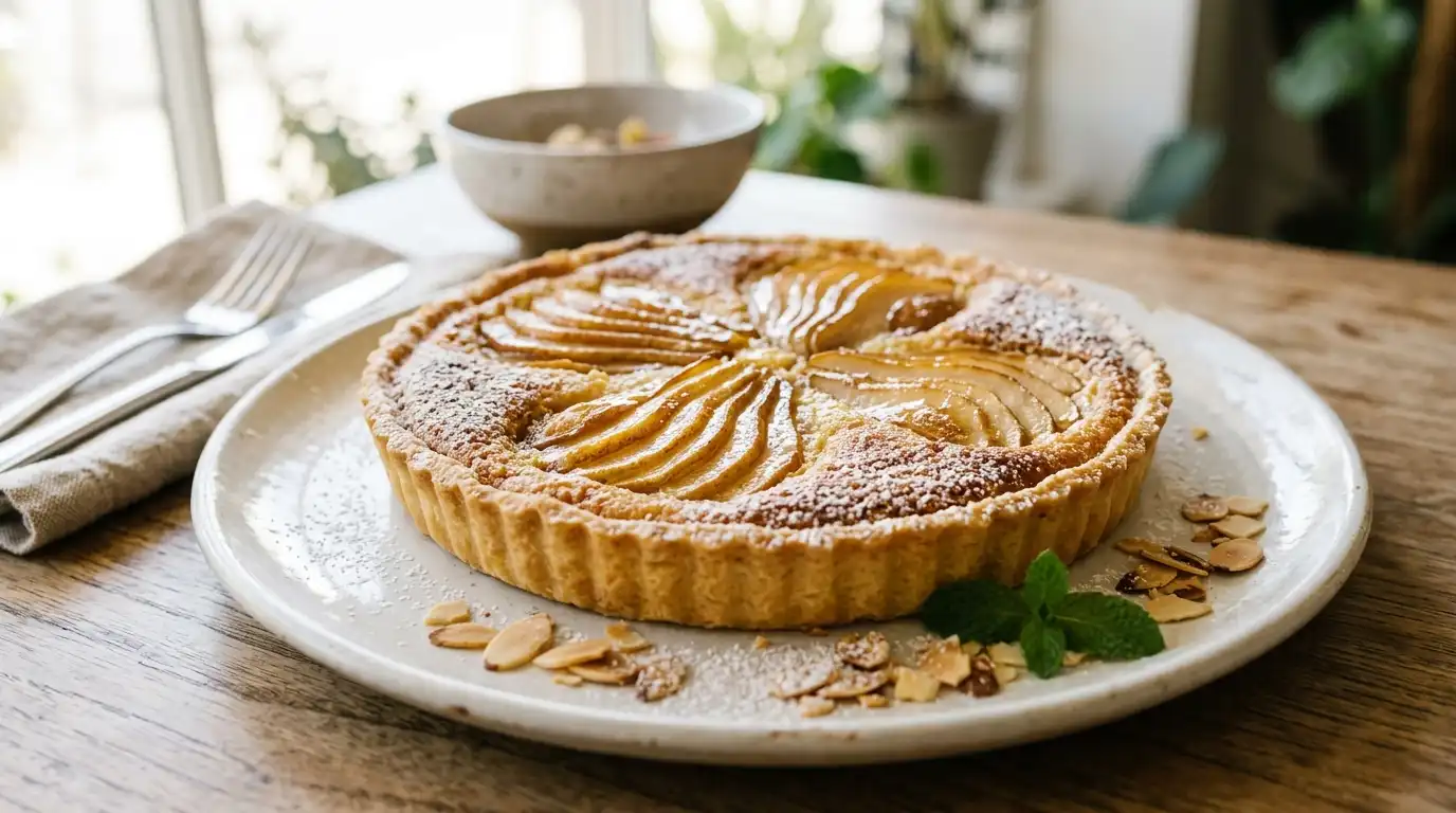 Easy frangipane recipe baked in a golden almond tart