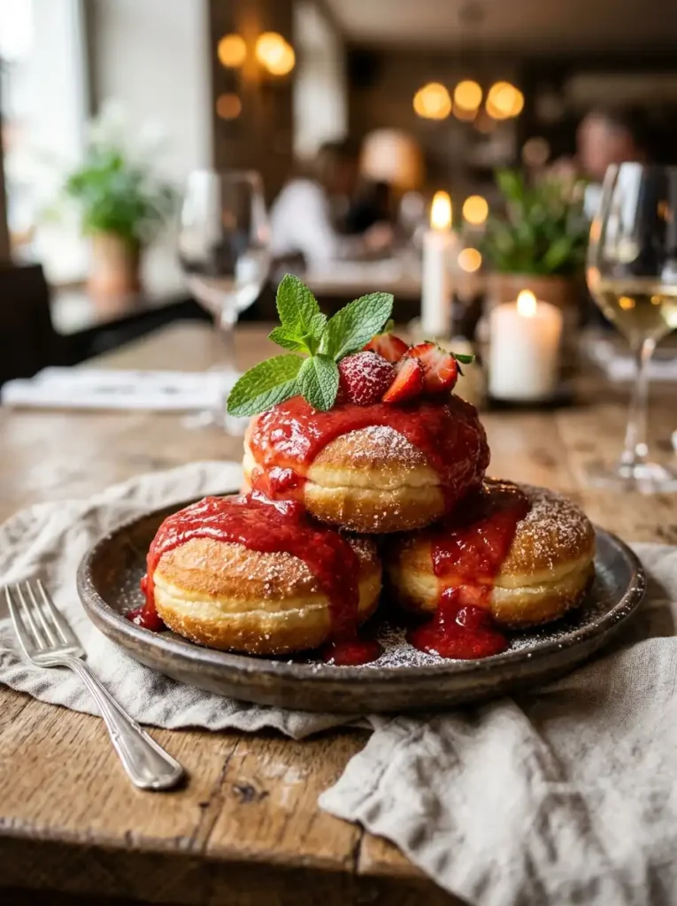 Strawberry puree used as a topping for homemade donuts