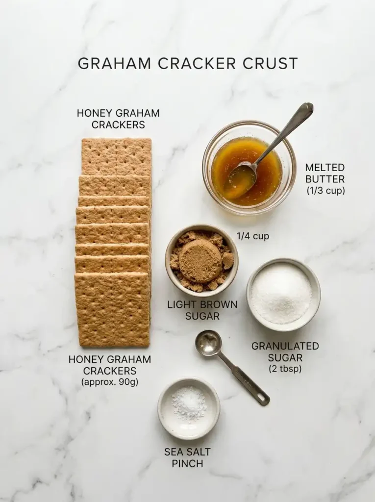 Graham cracker crust recipe ingredients: graham crackers, melted butter, and sugar