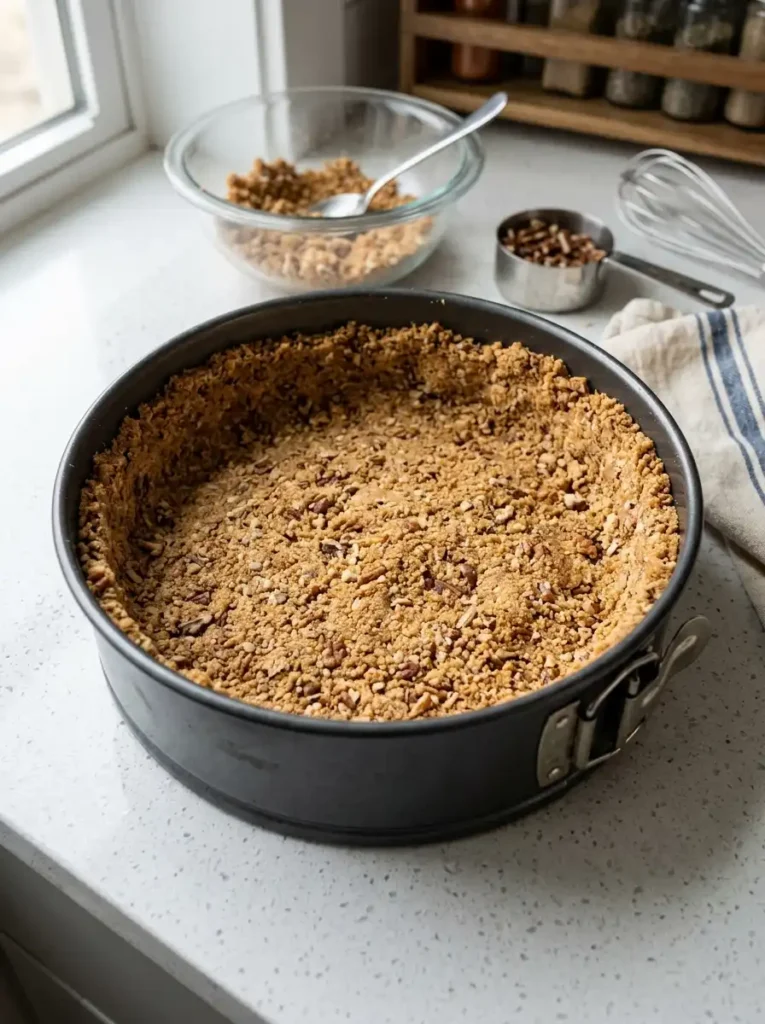 Graham cracker and pecan crust pressed into a springform pan for turtle cheesecake