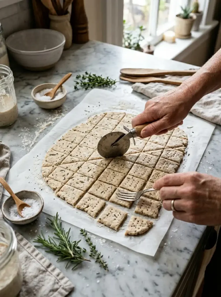 Cutting sourdough discard crackers into squares with pizza cutter and docking with fork