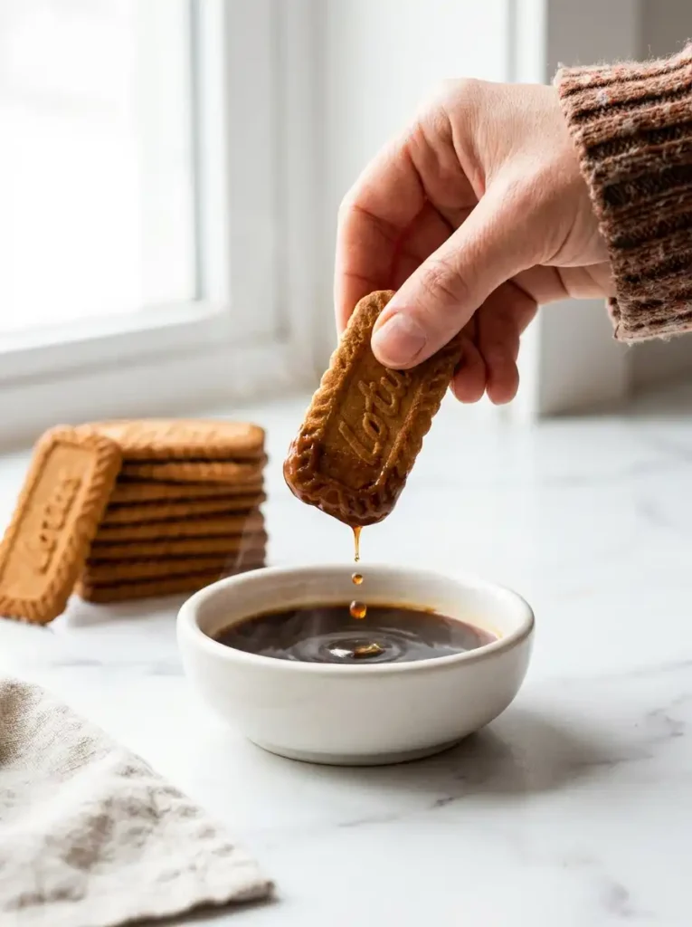 Dipping a Lotus Biscoff cookie in espresso coffee for biscoff tiramisu recipe