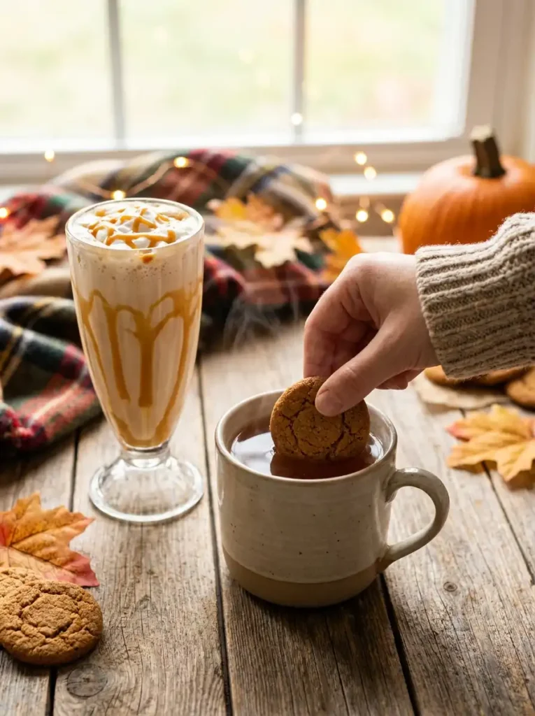 Dunking a crispy cookie made from a ginger snaps recipe into a warm drink