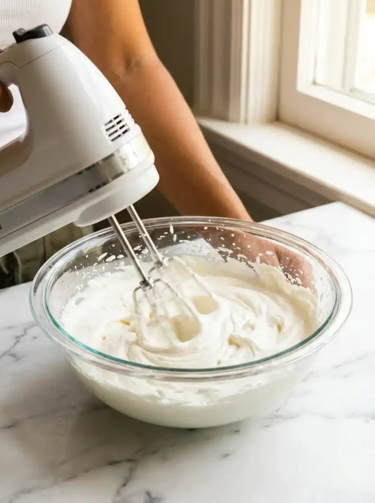 Whipping heavy cream to stiff peaks for biscoff tiramisu filling in a glass bowl