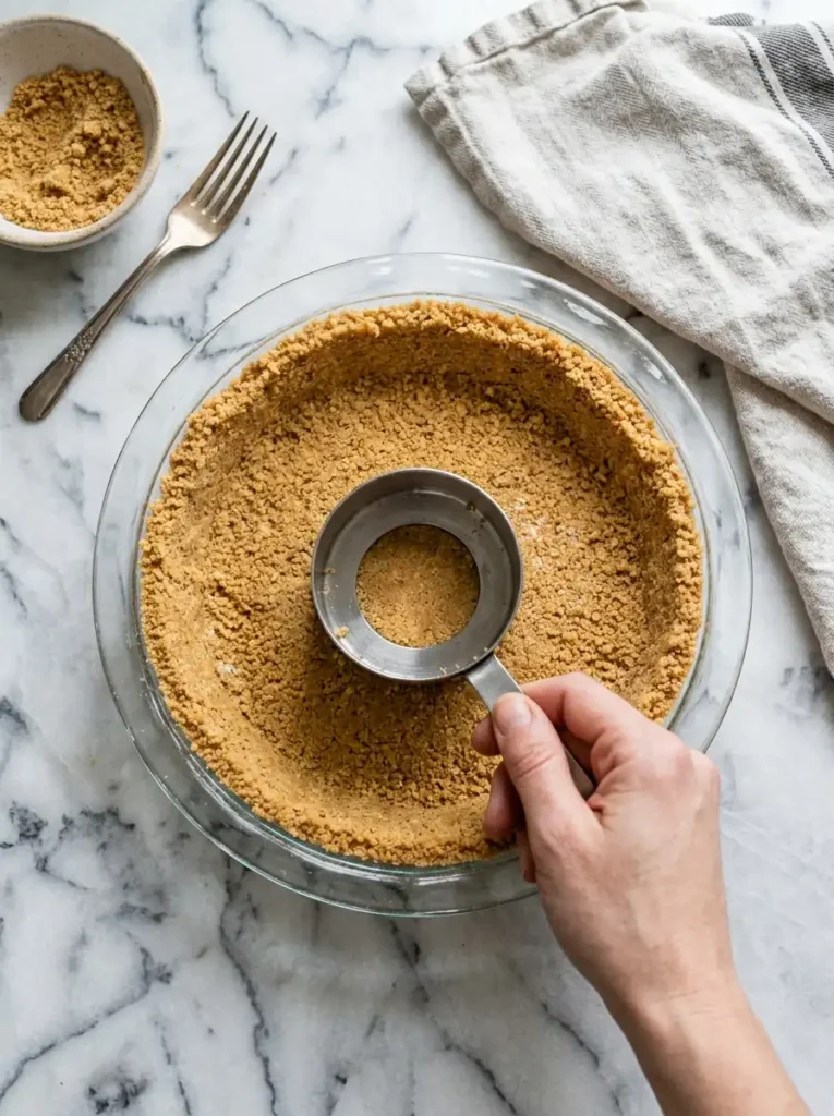 Pressing graham cracker pie crust into a glass pie plate with a measuring cup