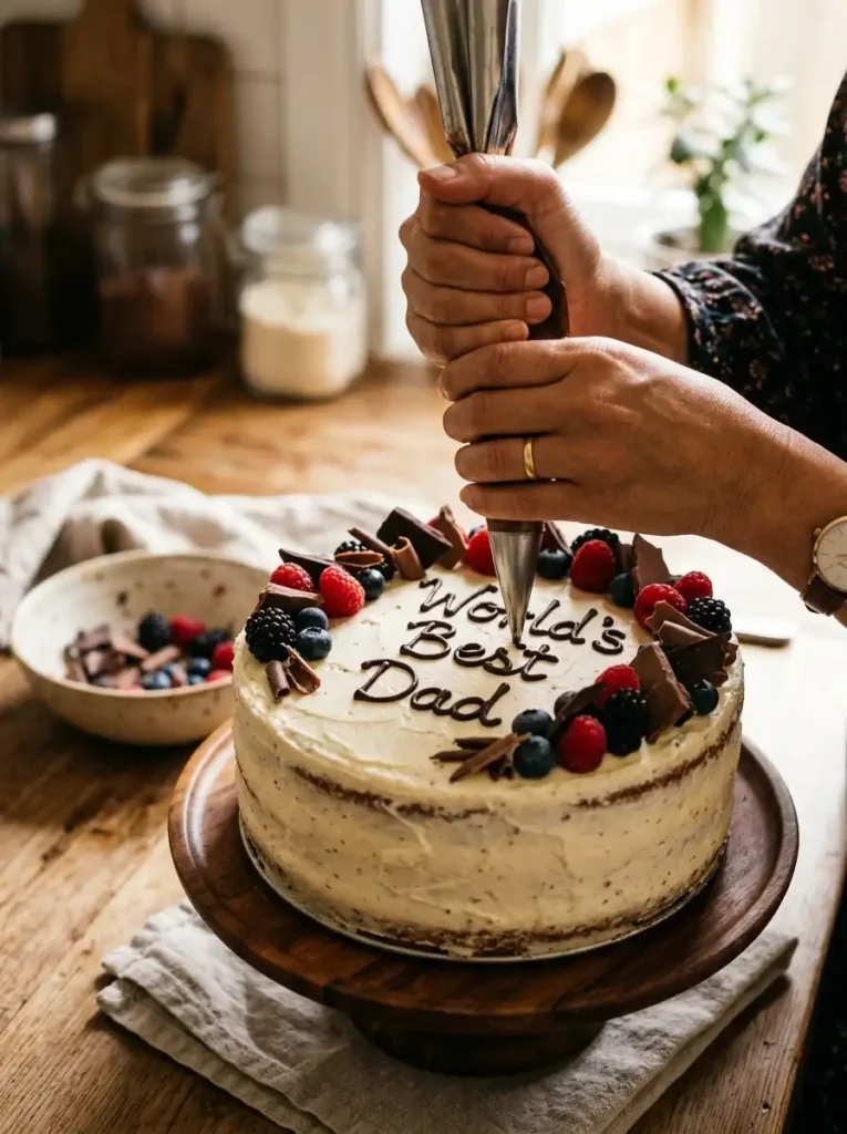 Decorating a Father's Day cake with "World's Best Dad" message