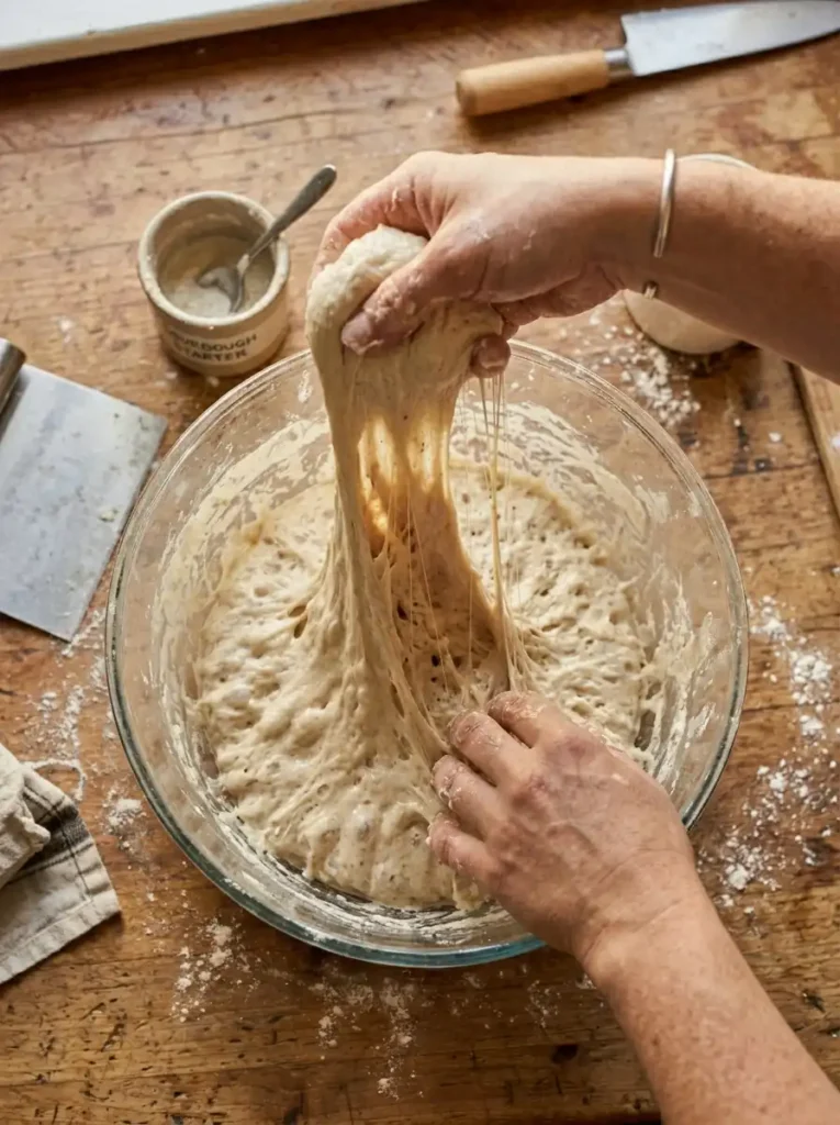 "Hands performing stretch and fold technique on sticky sourdough focaccia dough"