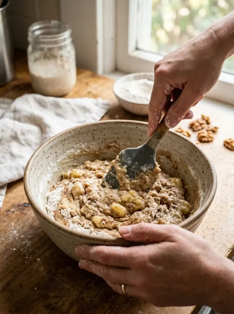 mixing sourdough discard into banana bread batter