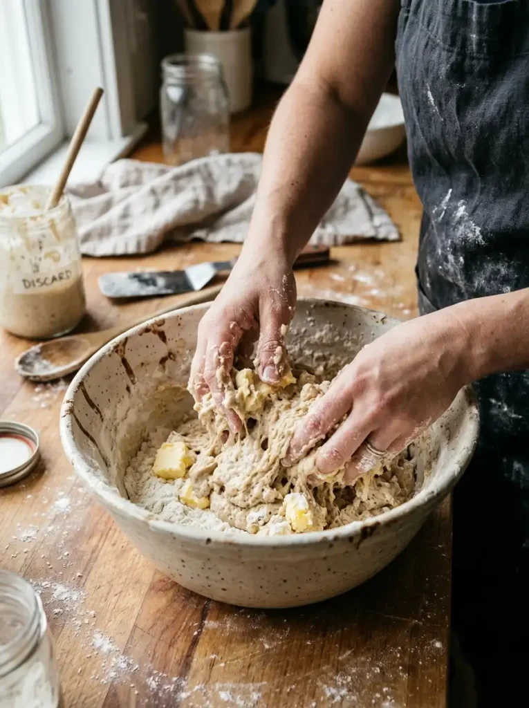 mixing sourdough discard into batter for baking