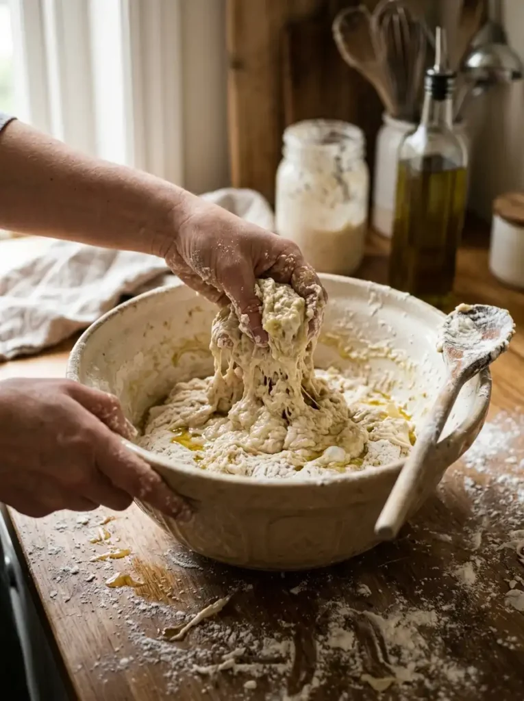 "Mixing shaggy sourdough focaccia dough with starter, salt, and olive oil in a ceramic bowl"