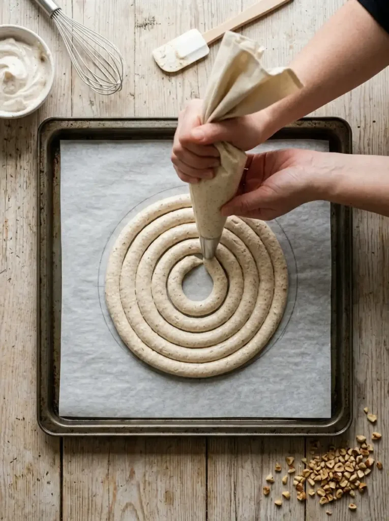 Piping a spiral disc of almond and hazelnut meringue batter onto parchment paper to make a dacquoise layer