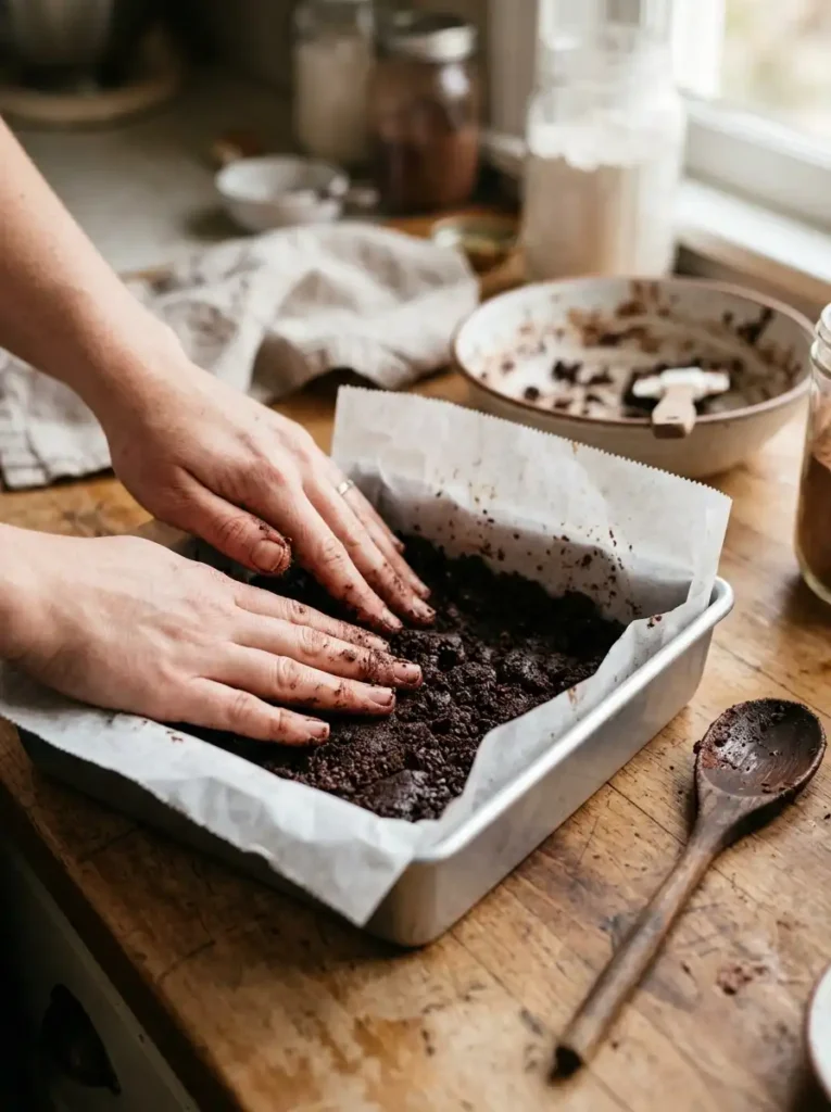 "Hands pressing chocolate cookie mixture into parchment-lined pan for lazy cat cake recipe"