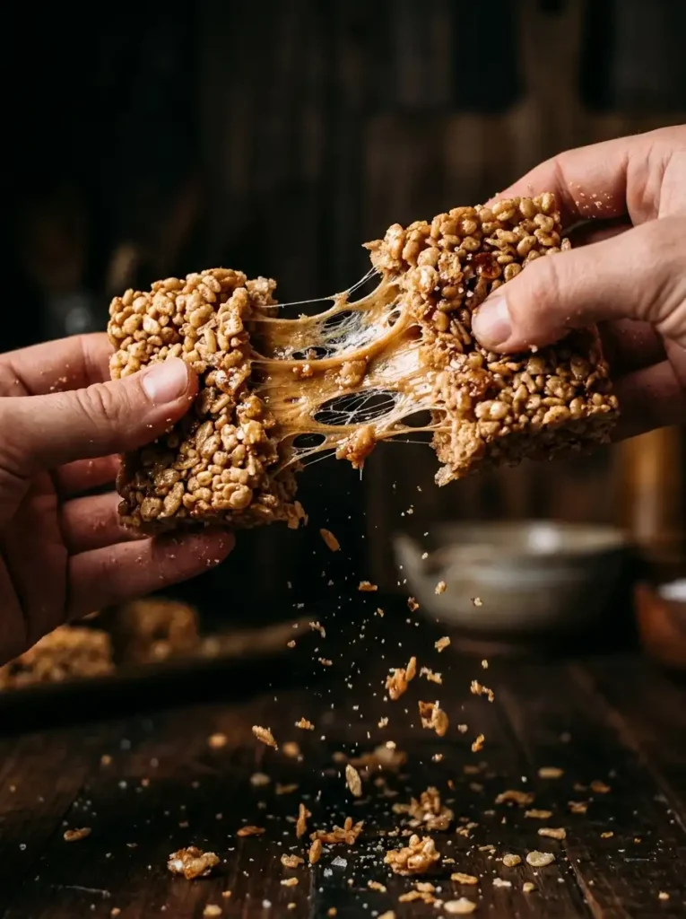 Pulling apart gooey brown butter rice krispie treat