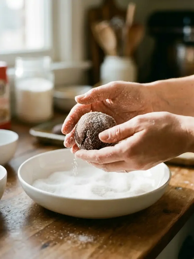 Rolling ginger snaps cookie dough balls in granulated white sugar