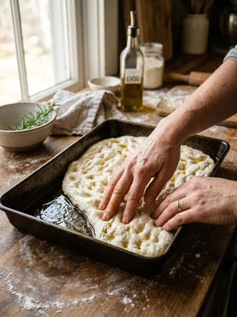 "Sourdough focaccia dough being stretched into an olive oil coated metal baking pan"