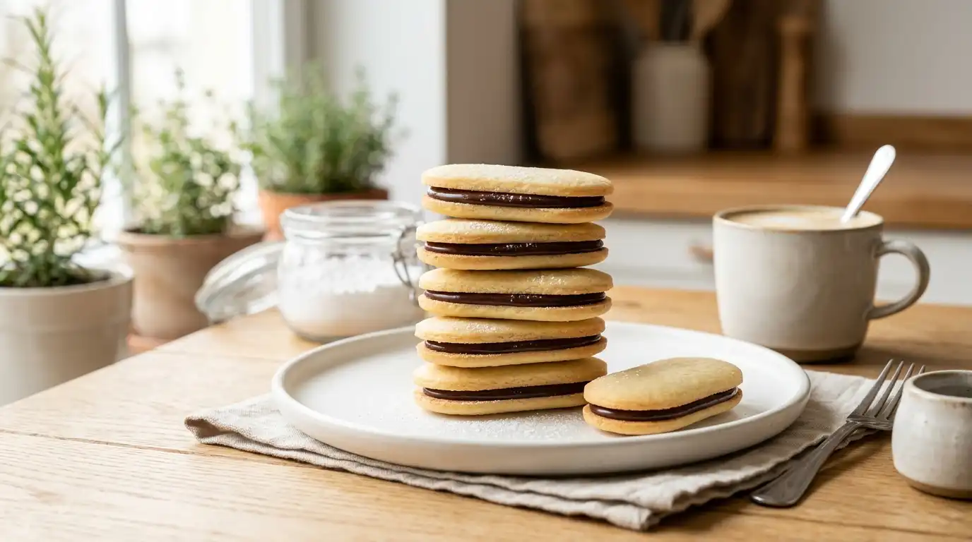 Stack of homemade Milano cookies with dark chocolate filling on a white plate