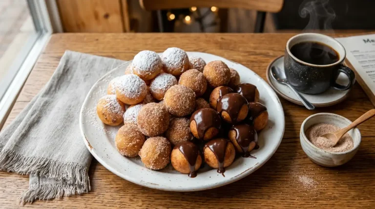 Homemade Timbits piled on a white plate with powdered sugar, cinnamon sugar, and chocolate glaze, beside a cup of coffee .timbits