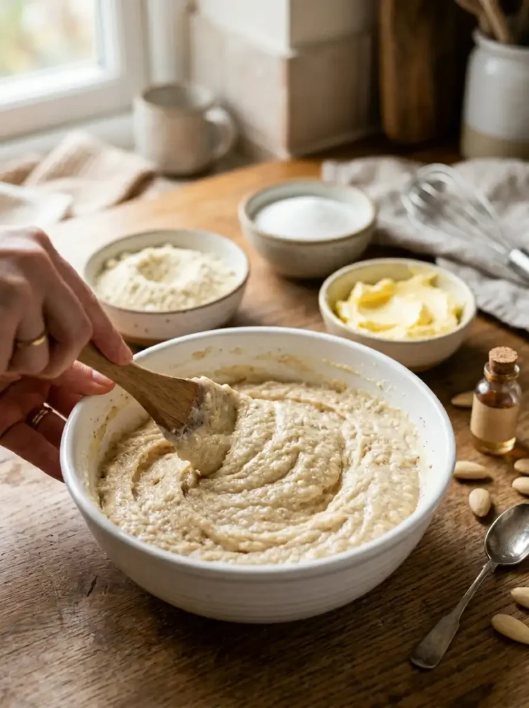 How to make frangipane by mixing almond flour butter sugar and egg