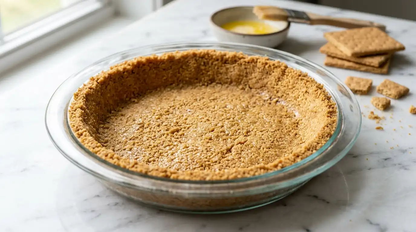 Homemade graham cracker crust recipe pressed into a glass pie dish on a marble counter