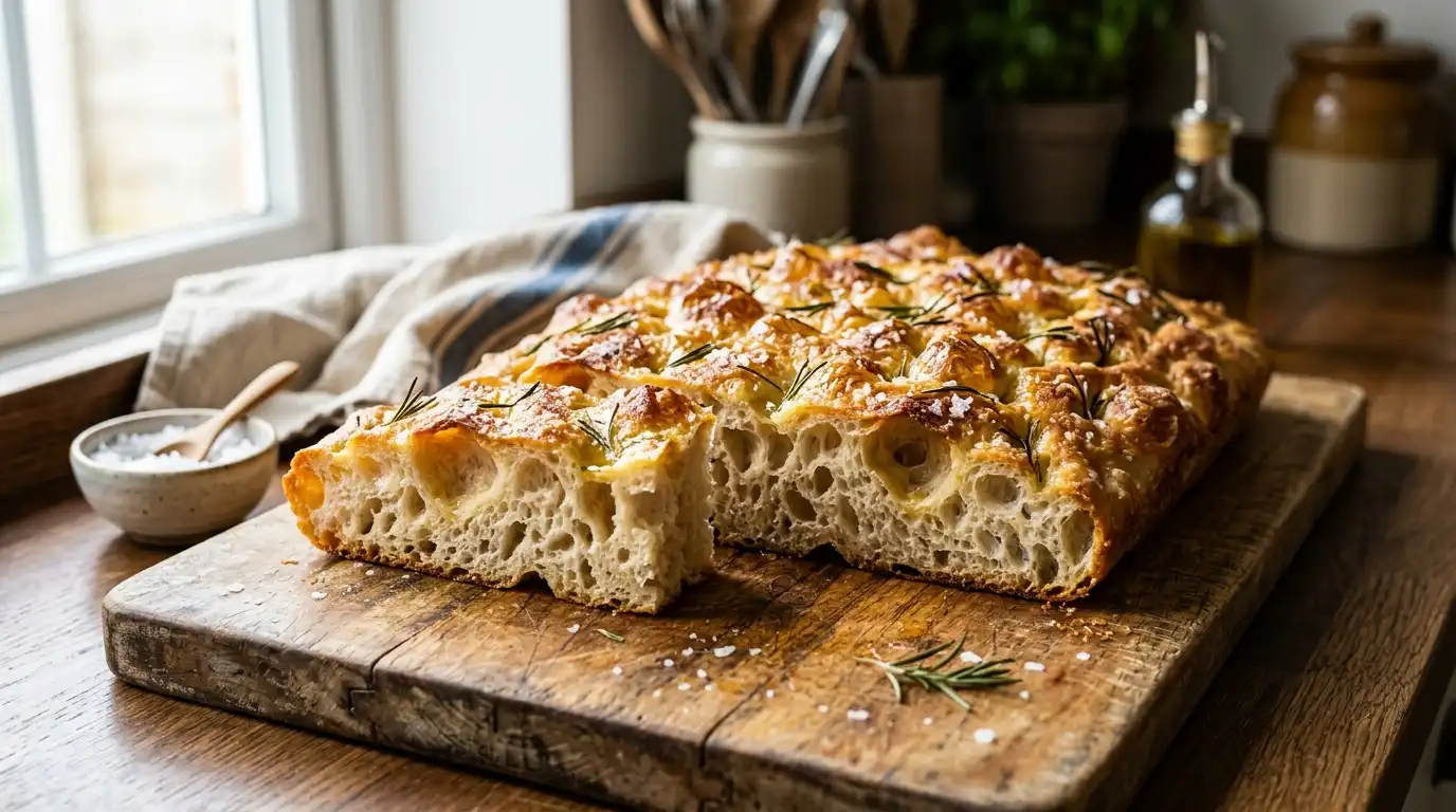 "Golden baked sourdough focaccia recipe with rosemary and sea salt on a rustic wooden board, showing airy crumb"