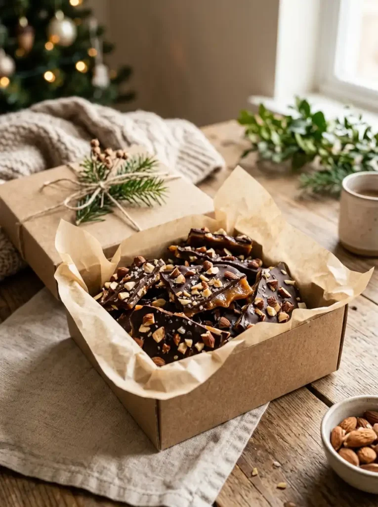 homemade toffee stored in a gift box with parchment paper