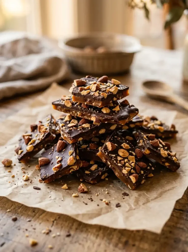 homemade English toffee pieces with chocolate and almonds