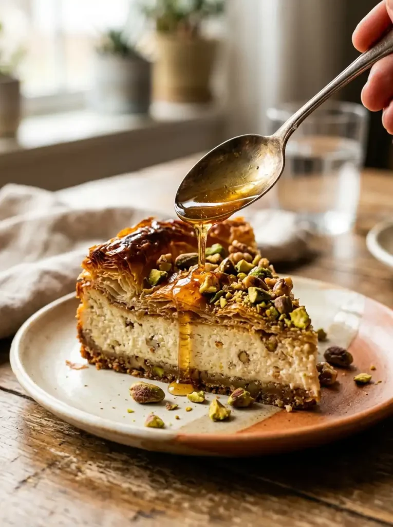 Honey syrup spooned over crispy phyllo edges of baklava cheesecake