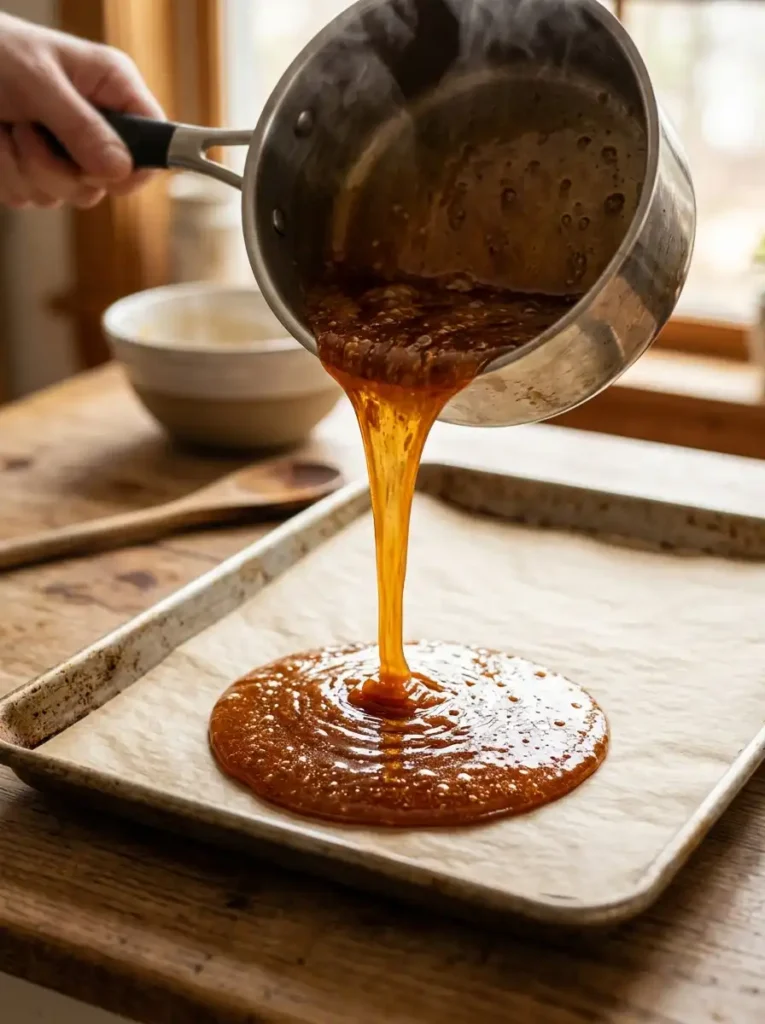 hot homemade toffee poured onto parchment paper